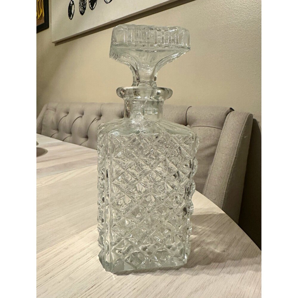 Vintage Clear Glass Decanter Diamond Cut Pattern Square Bottle Stopper 9”